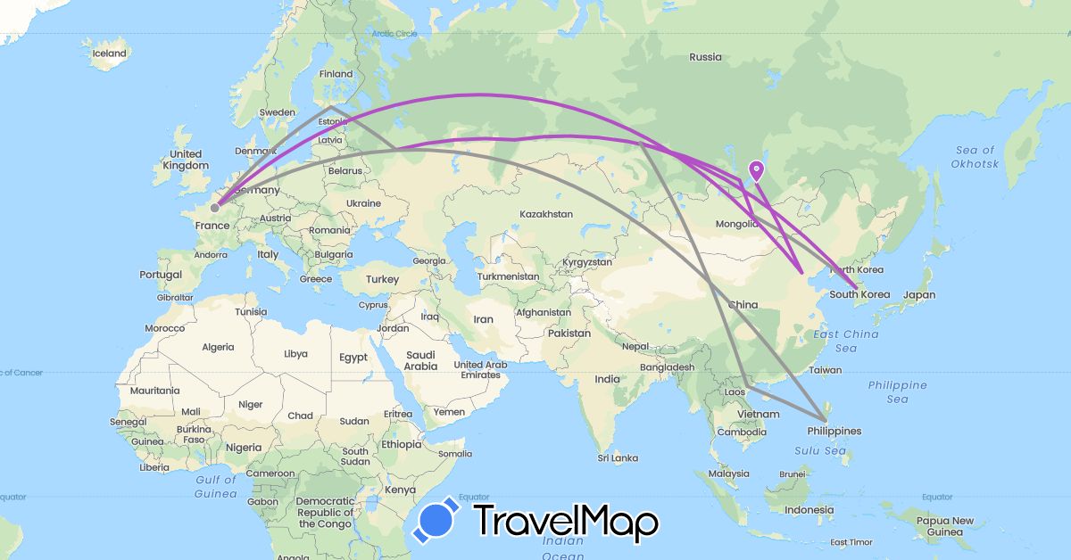 TravelMap itinerary: driving, plane, train in China, Finland, France, South Korea, Mongolia, Philippines, Russia, Vietnam (Asia, Europe)