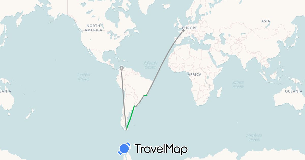 TravelMap itinerary: driving, bus, plane in Argentina, Brazil, Colombia, France, Uruguay (Europe, South America)